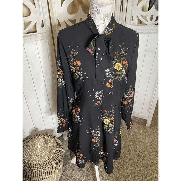Loft Black Multicolored Floral Long Sleeve Bow Tie Neck Chiffon Dress Size 6 - Picture 1 of 8